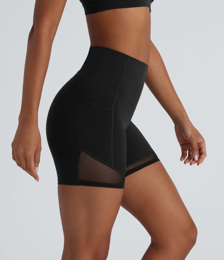 Negro Pantalón corto Halara UltraSculpt™ SoCinched ciclista moldeador entrenamiento tiro alto control abdomen bolsillo lateral malla contrastante - 12.5cm / 1