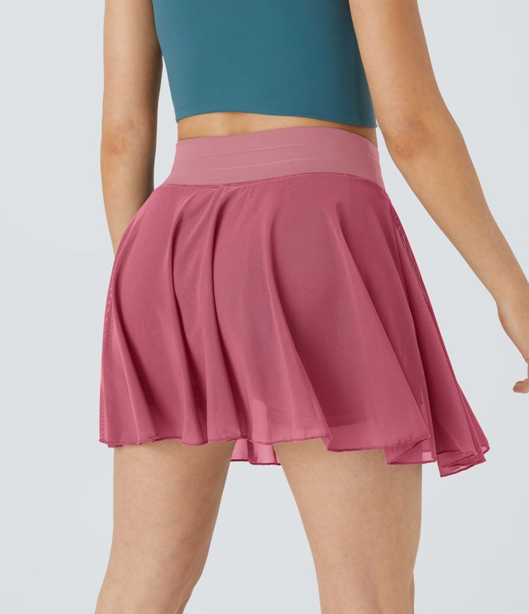 High Waisted Drawstring Contrast Mesh 2-in-1 Side Pocket Flowy Mini Flare Casual Skirt