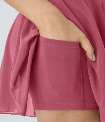 High Waisted Drawstring Contrast Mesh 2-in-1 Pocket Flowy Mini Flare Casual Skirt