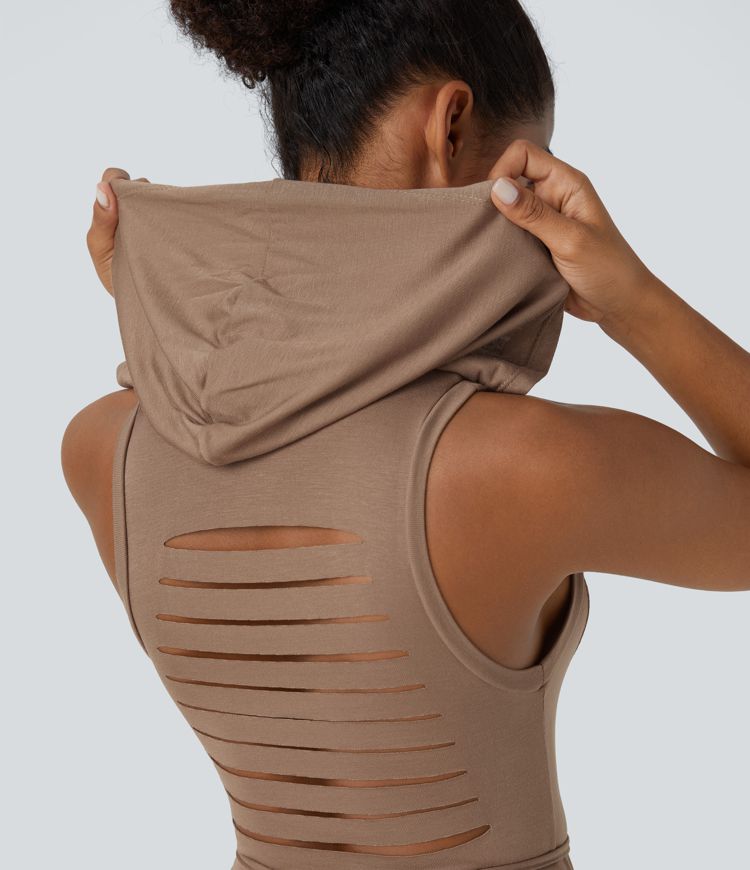 Ribbed Hooded High Neck Sleeveless Cut Out Tie Back Split 2-Piece Midi Casual Dress