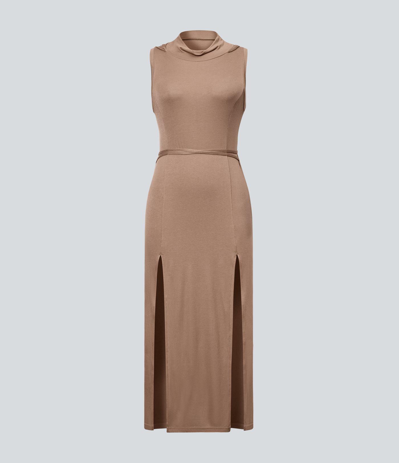 Ribbed Hooded High Neck Sleeveless Cut Out Tie Back Split 2-Piece Midi Casual Dress