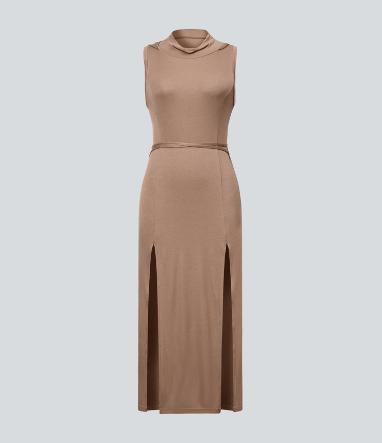 Ribbed Hooded High Neck Sleeveless Cut Out Tie Back Split 2-Piece Midi Casual Dress