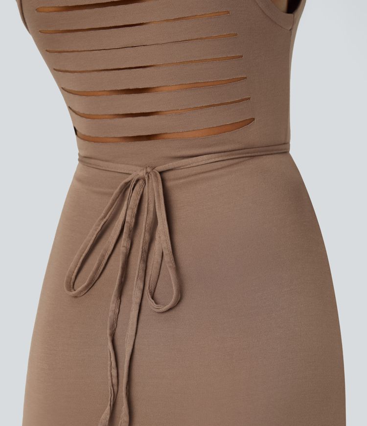 Ribbed Hooded High Neck Sleeveless Cut Out Tie Back Split 2-Piece Midi Casual Dress