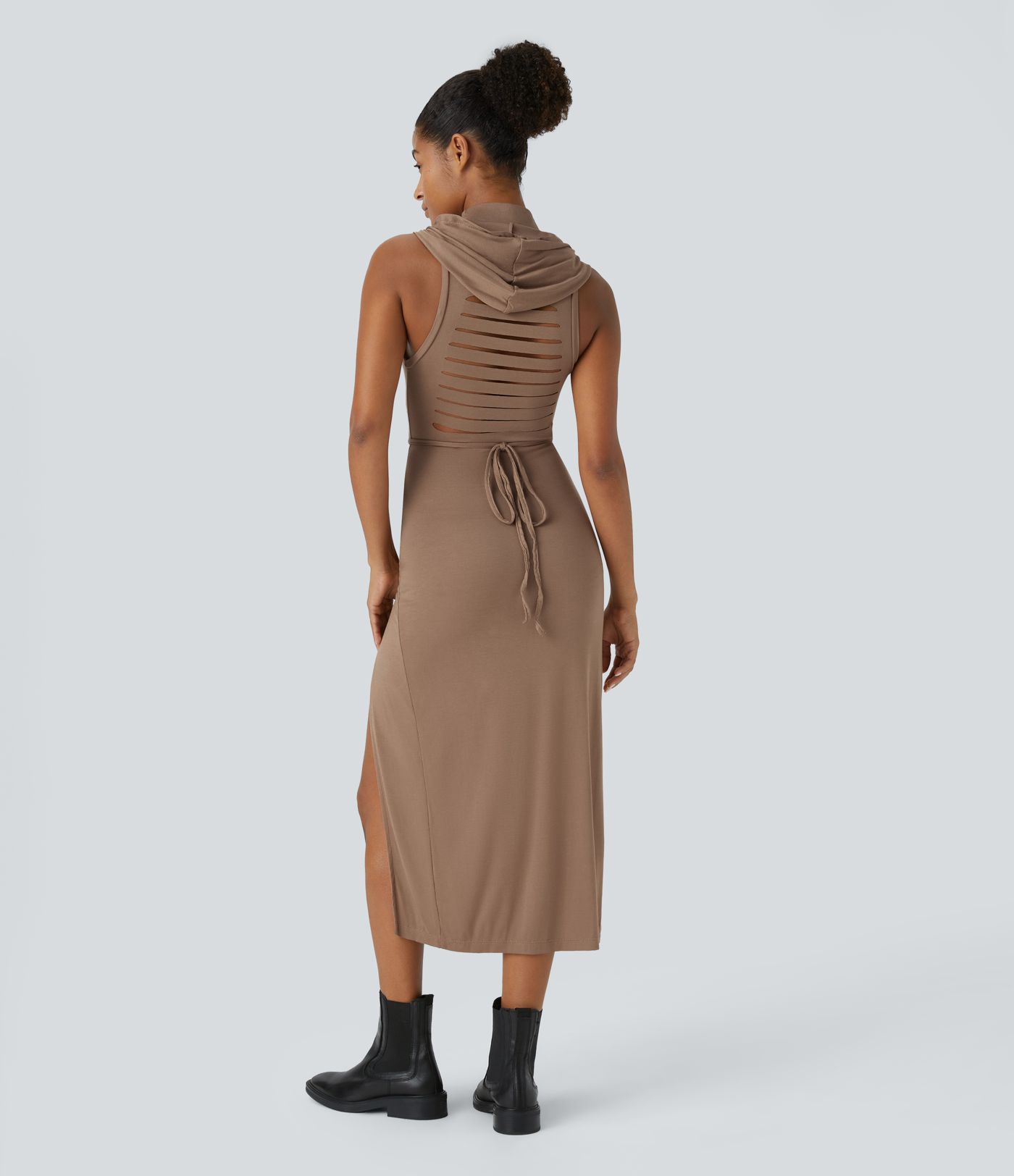 Ribbed Hooded High Neck Sleeveless Cut Out Tie Back Split 2-Piece Midi Casual Dress
