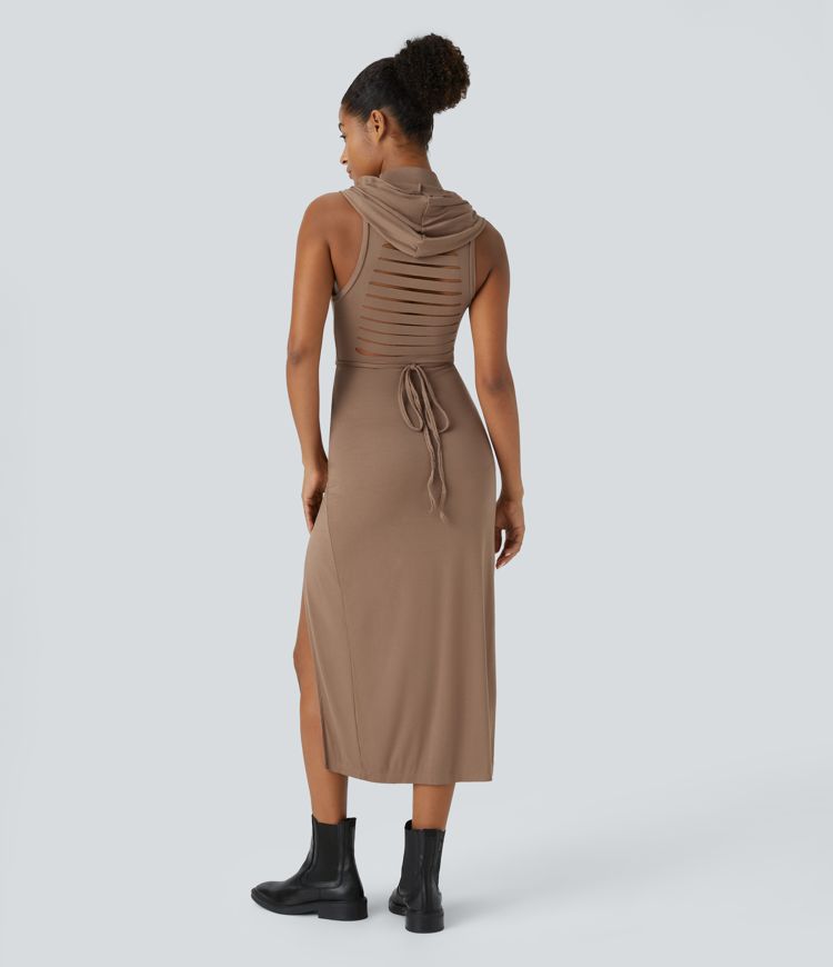 Ribbed Hooded High Neck Sleeveless Cut Out Tie Back Split 2-Piece Midi Casual Dress