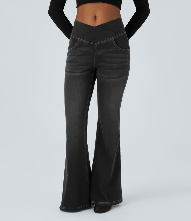Halara Flex™ Jean Évasé à Taille Haute avec Poche Crossover Tissu Élastique Lavé