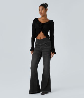 Halara Flex™ Jean Évasé à Taille Haute avec Poche Crossover Tissu Élastique Lavé