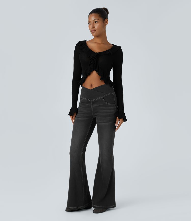 Halara Flex™ Jean Évasé à Taille Haute avec Poche Crossover Tissu Élastique Lavé