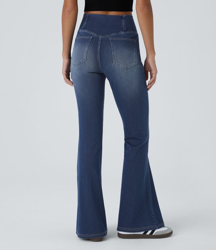 Jeans Halara Flex™ Denim acampanados elásticos de tiro alto cruzado descoloridos con bolsillos
