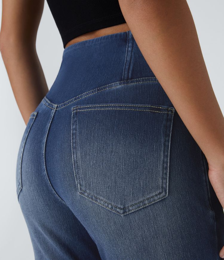 Jeans Halara Flex™ Denim acampanados elásticos de tiro alto cruzado descoloridos con bolsillos