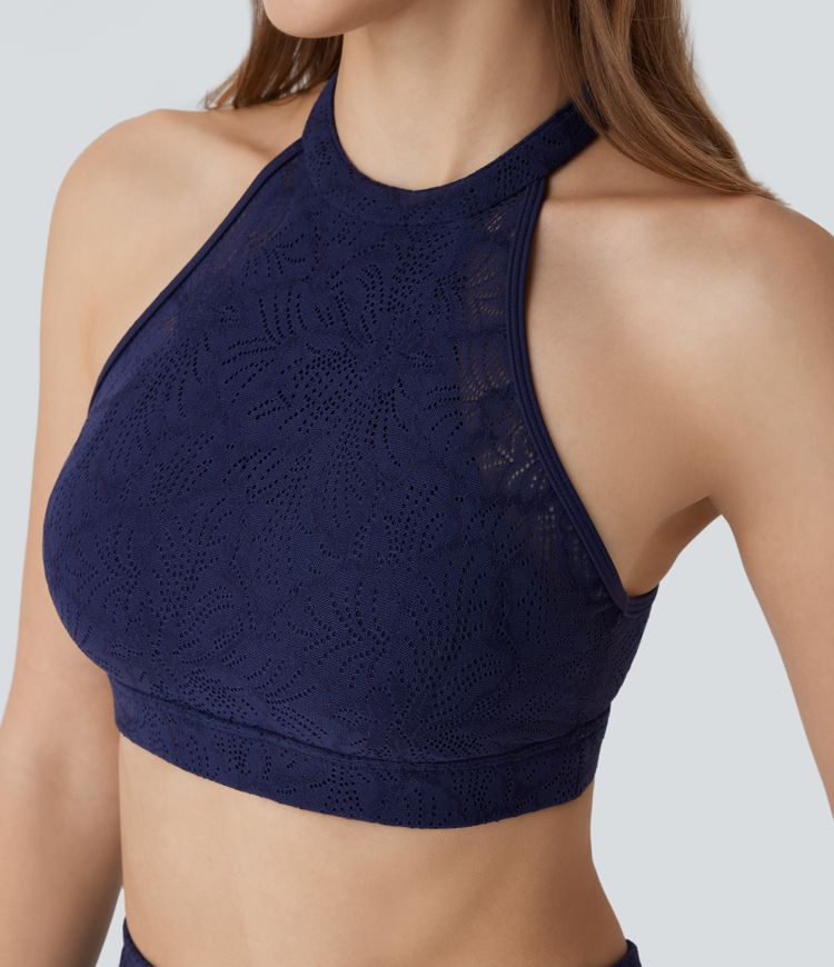 Softlyzero™ Brassière de sport yoga dos nu à faible maintien avec col licou et dentelle contrastée-UPF50+