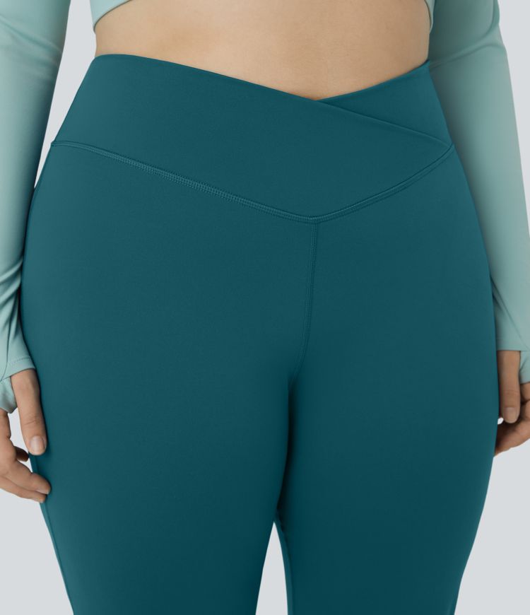 High Waisted Crossover Full Length Flare Plus Size Leggings