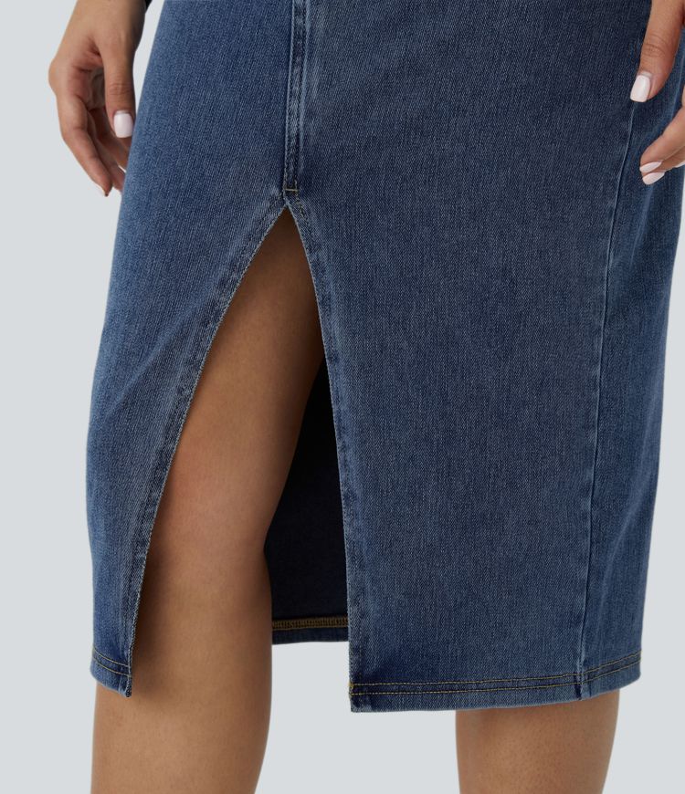 Falda Halara Flex™ Denim mezclilla elástica midi múltiples bolsillos tiro alto