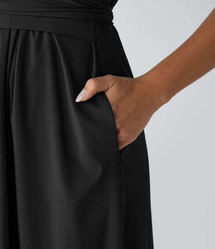 Breezeful™ V Neck Short Sleeve Side Pocket Tie Back Quick Dry Midi Casual Dress-Longer Length