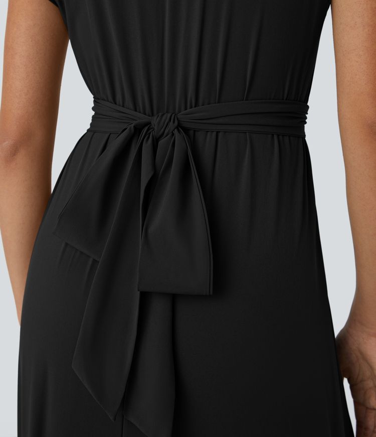 Breezeful™ V Neck Short Sleeve Side Pocket Tie Back Quick Dry Midi Casual Dress-Longer Length