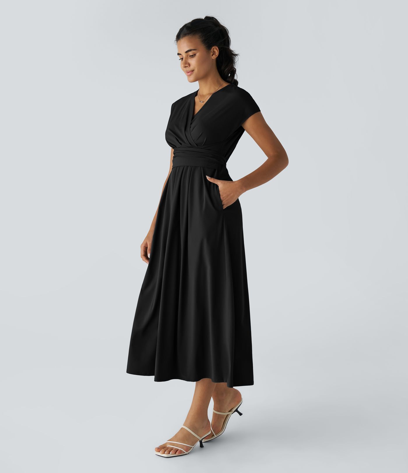 Breezeful™ V Neck Short Sleeve Pocket Tie Back Quick Dry Midi Casual Dress-Longer Length