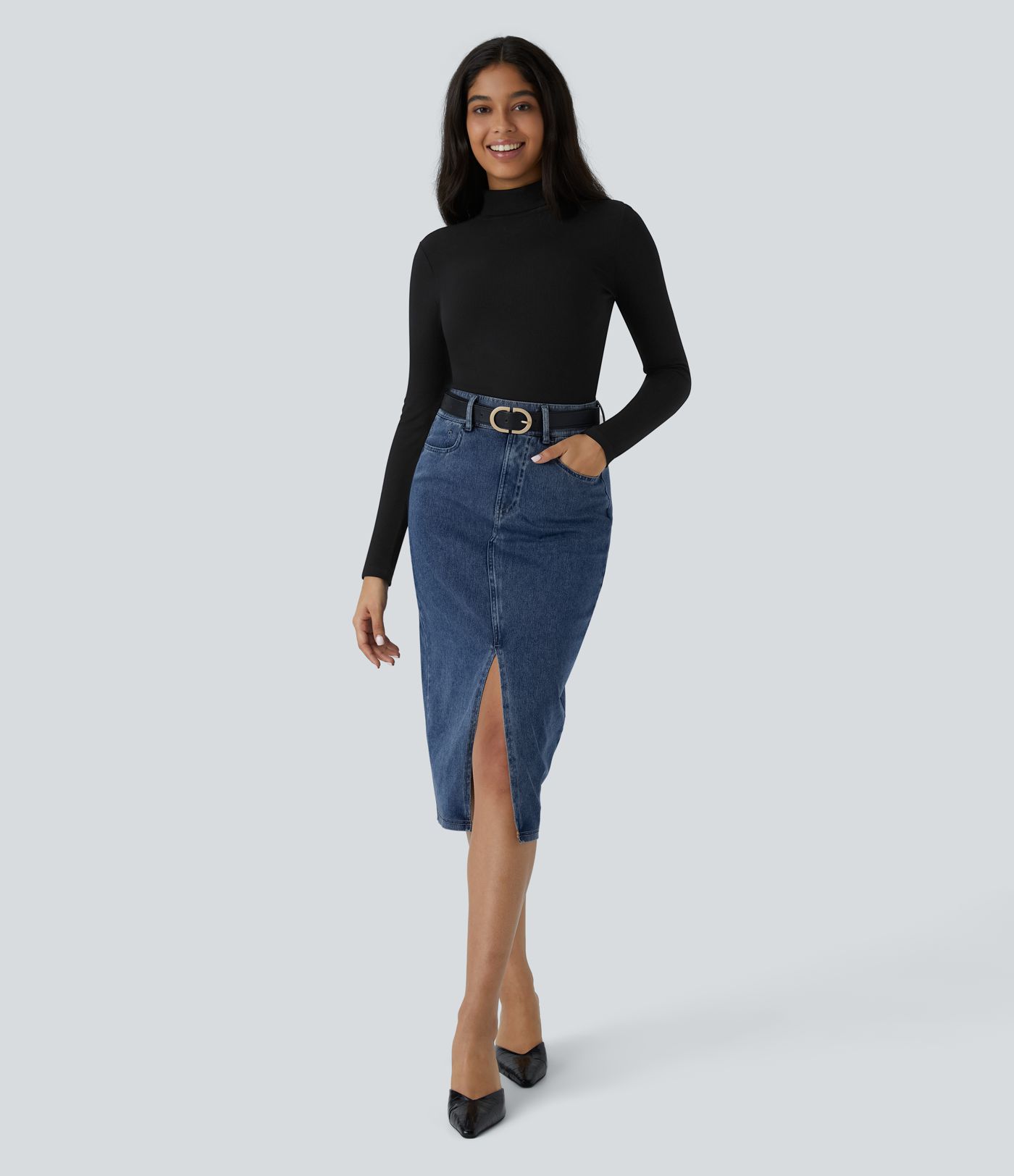 Falda Halara Flex™ Denim mezclilla elástica midi múltiples bolsillos tiro alto