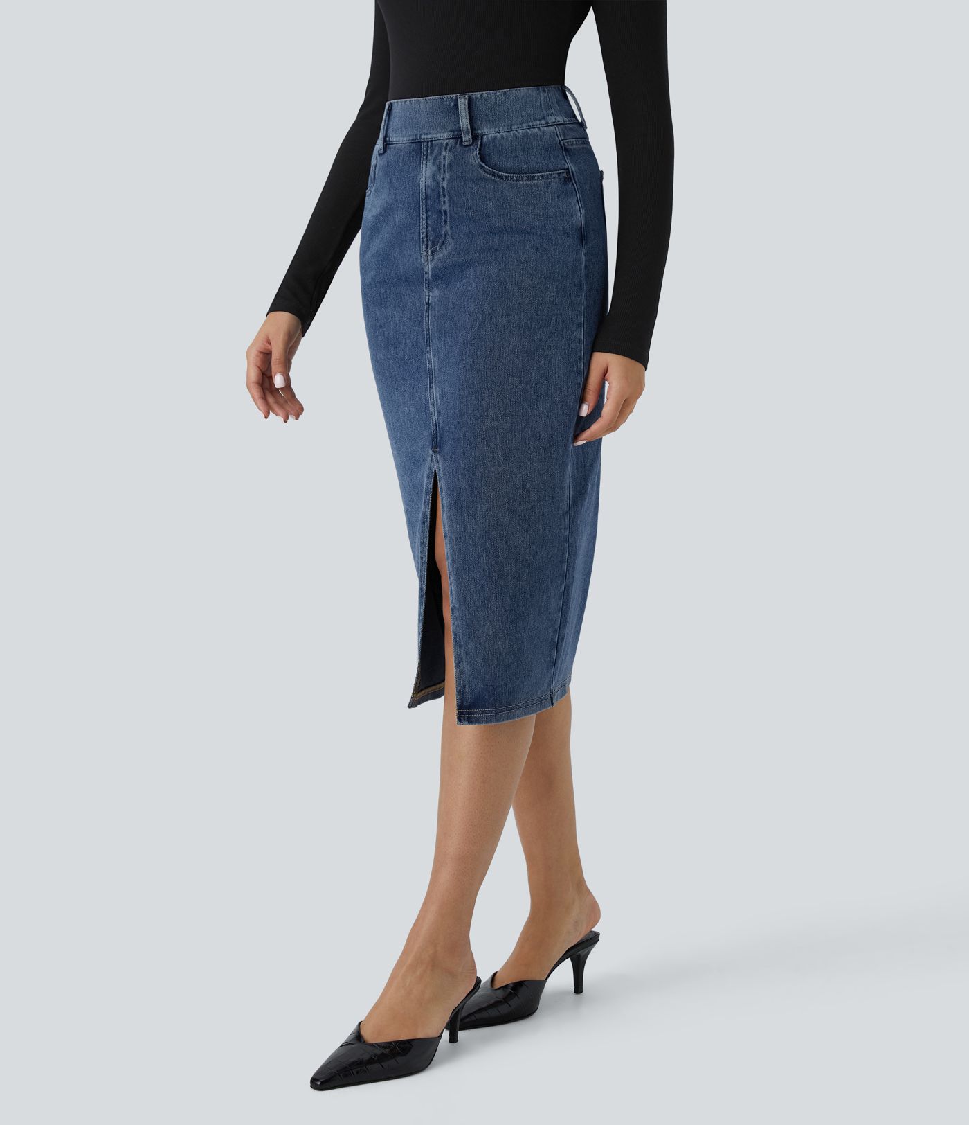 Falda Halara Flex™ Denim mezclilla elástica midi múltiples bolsillos tiro alto