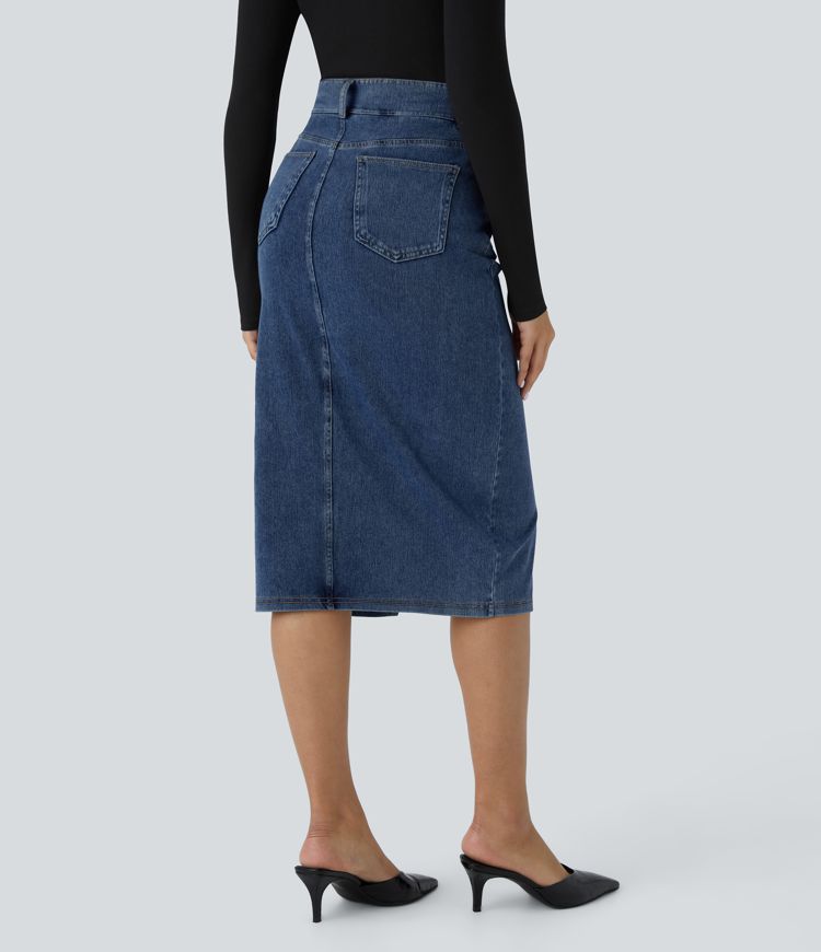 Falda Halara Flex™ Denim mezclilla elástica midi múltiples bolsillos tiro alto
