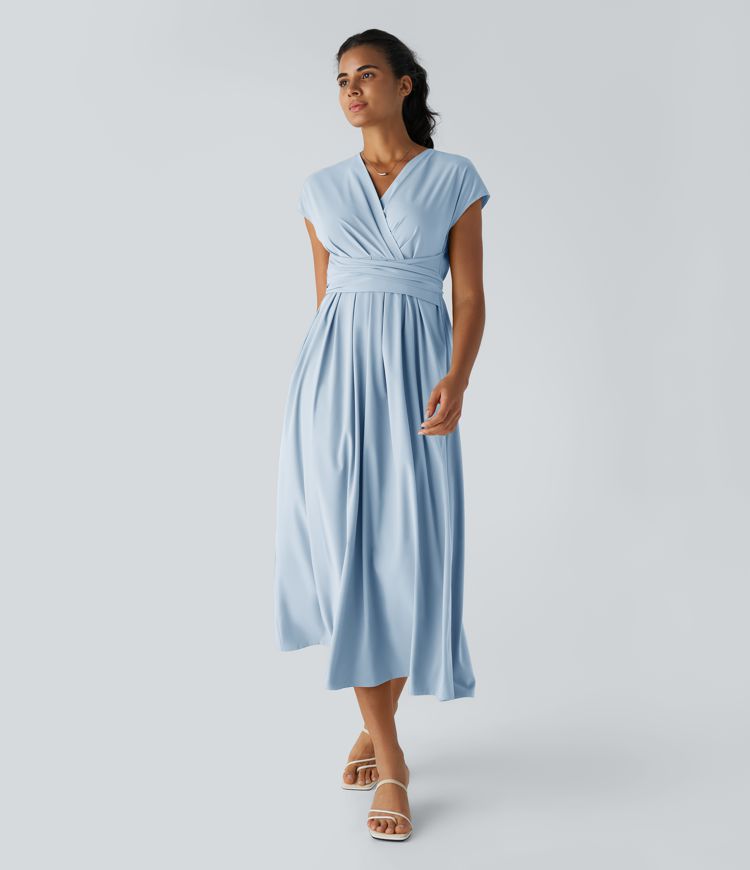 Breezeful™ V Neck Short Sleeve Side Pocket Tie Back Quick Dry Midi Casual Dress