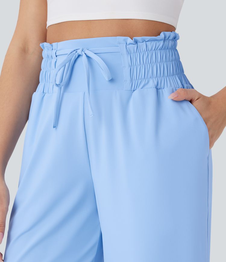 High Waisted Drawstring Frill Pocket Straight Leg Cool Touch Yoga Pants-UPF50+