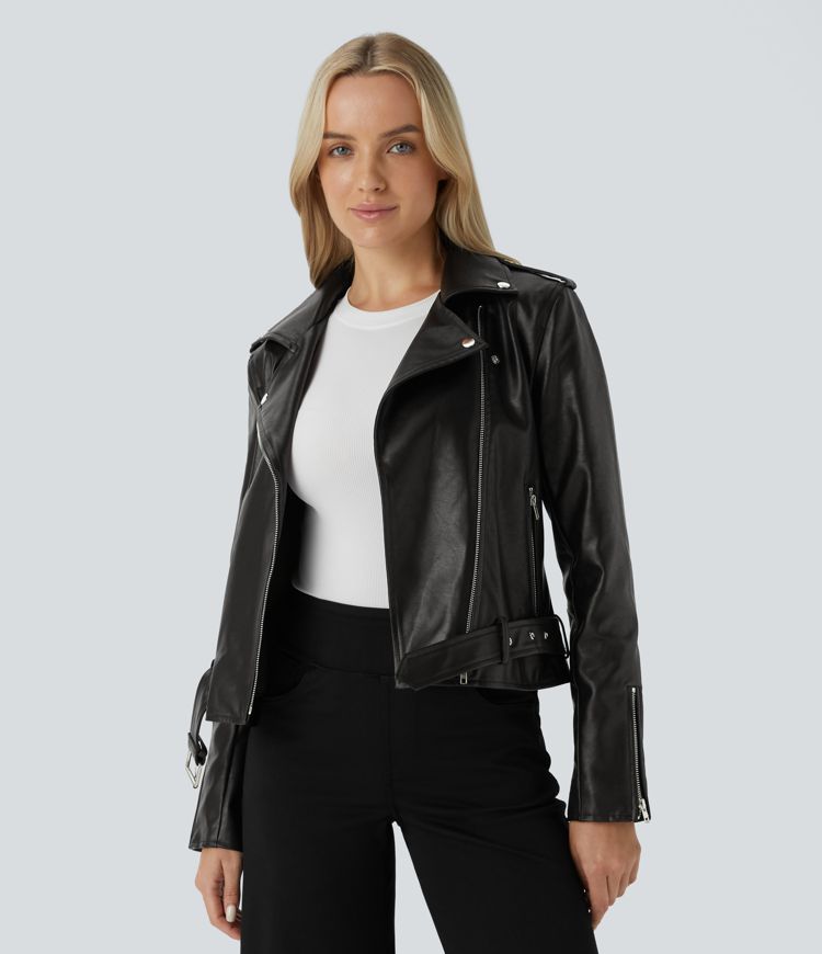 Lapel Snap Button Side Pocket Zipper Belted Relaxed Casual PU Biker Jacket