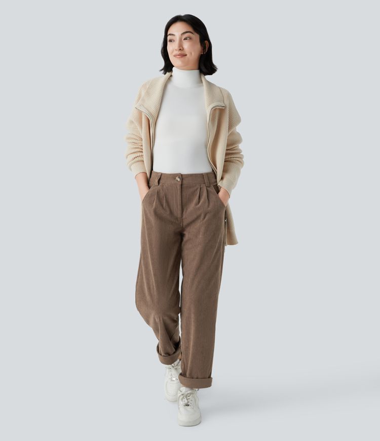 Mid Rise Zipper Pocket Corduroy Casual Pants