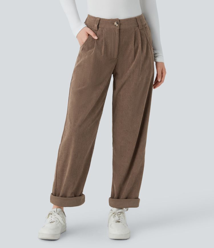 Mid Rise Zipper Pocket Corduroy Casual Pants