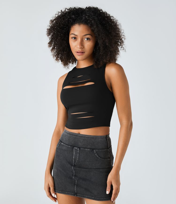 Backless Racerback Cut Out Ripped Cropped Casual Tank Top