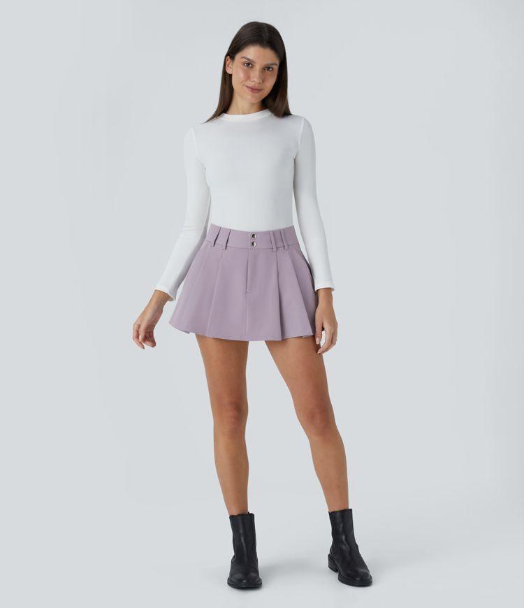 High-waisted button zipper side pocket ruched mini casual skirt