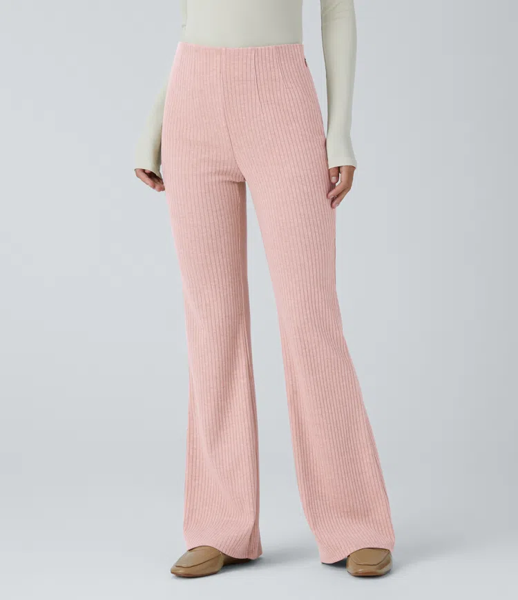 Ribbed Knit High Waisted Side Zipper Pockets Casual Flare Pants