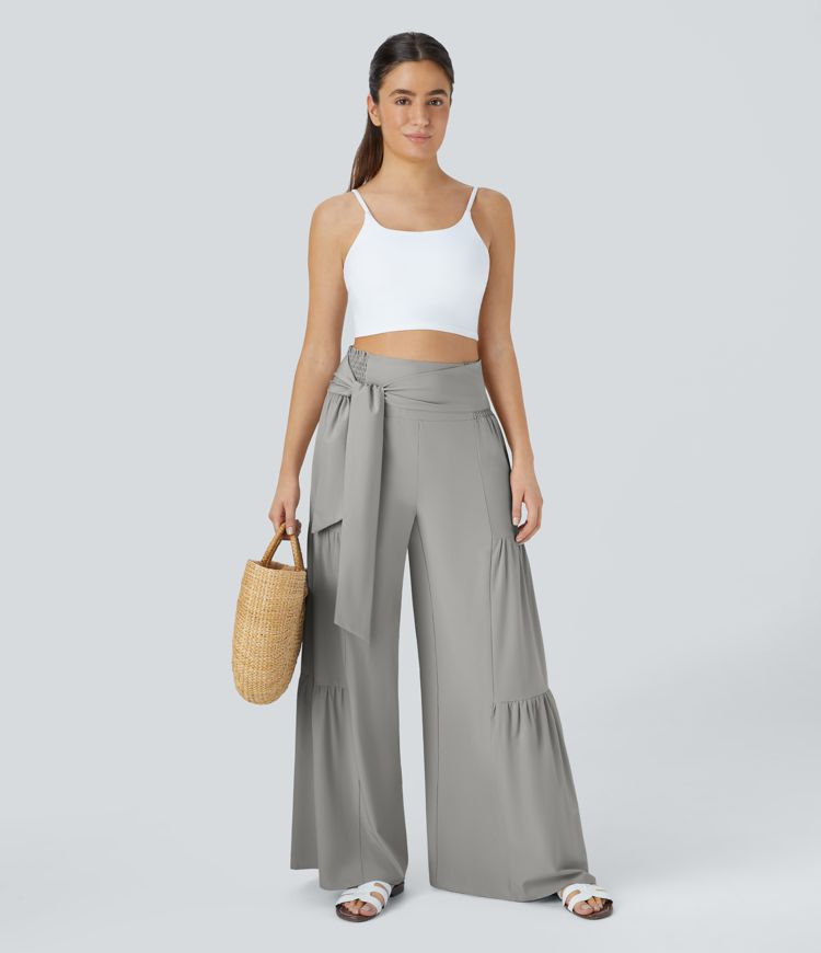 Breezeful™ High Waisted Shirred Tie Front & Back Wide Leg Flowy Quick Dry Casual Pants