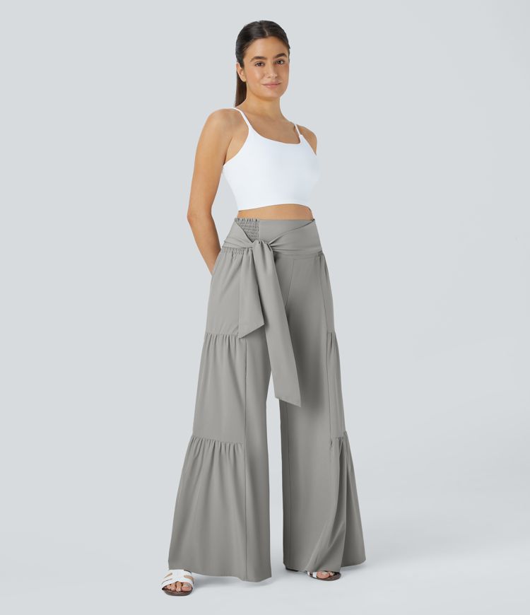 Breezeful™ High Waisted Shirred Tie Front & Back Wide Leg Flowy Quick Dry Casual Pants