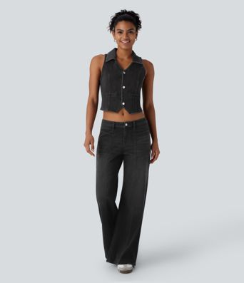 Halara Flex™ Low Rise Zipper Pockets Baggy Wide Leg Flare Washed Casual Jeans