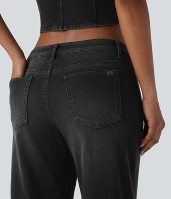 Halara Flex™ Low Rise Zipper Pockets Baggy Wide Leg Flare Washed Casual Jeans