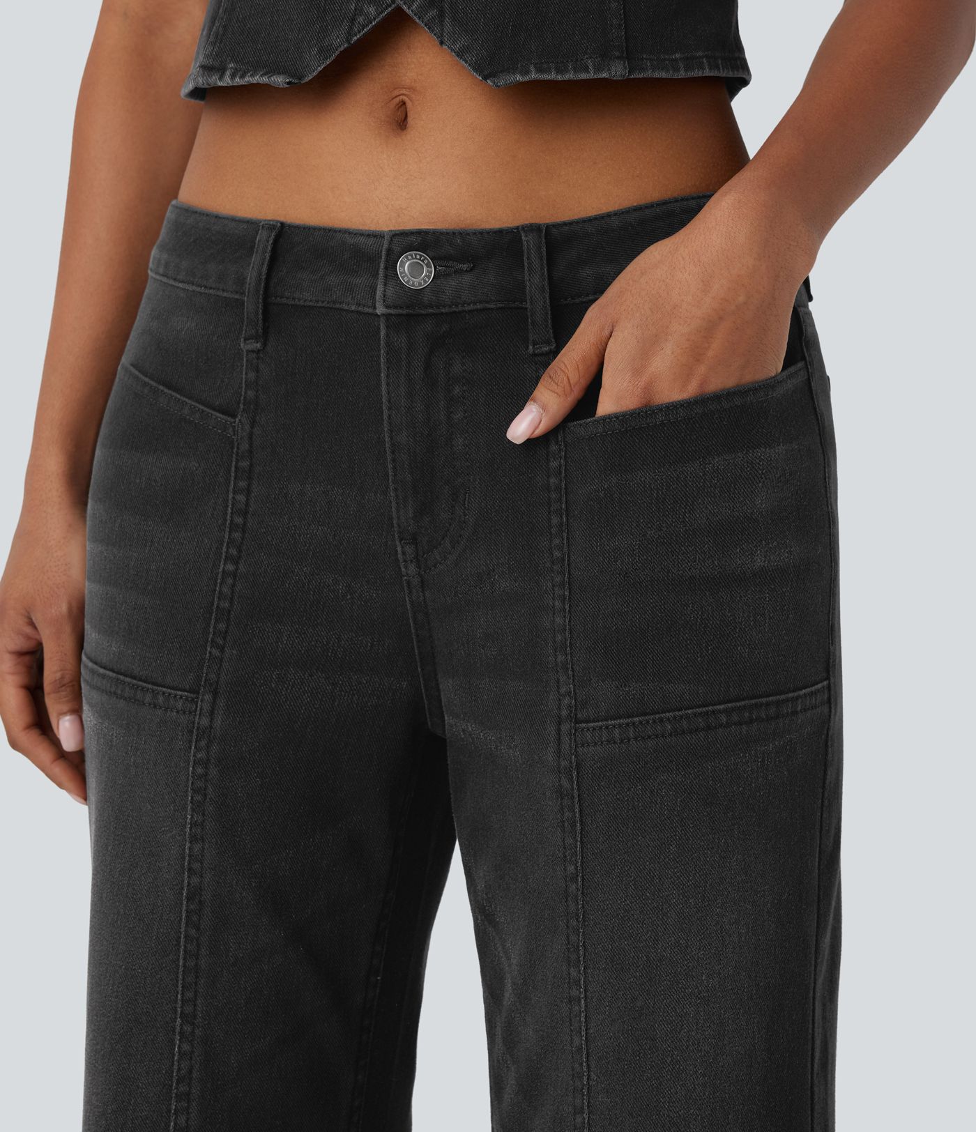 Halara Flex™ Low Rise Zipper Pockets Baggy Wide Leg Flare Washed Casual Jeans