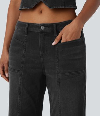 Halara Flex™ Low Rise Zipper Pockets Baggy Wide Leg Flare Washed Casual Jeans