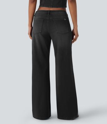 Halara Flex™ Low Rise Zipper Pockets Baggy Wide Leg Flare Washed Casual Jeans