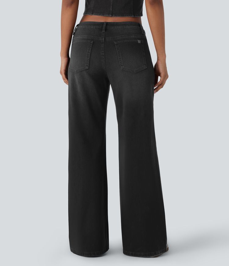 Halara Flex™ Low Rise Zipper Pockets Baggy Wide Leg Flare Washed Casual Jeans