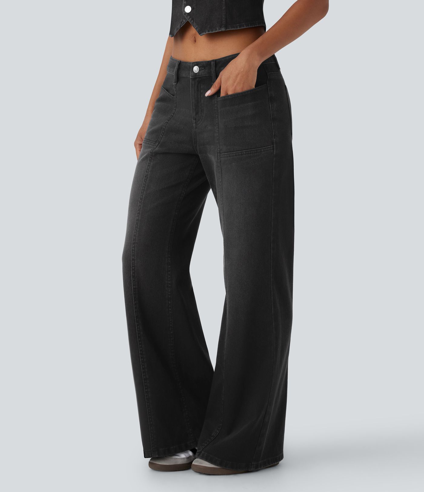 Halara Flex™ Low Rise Zipper Pockets Baggy Wide Leg Flare Washed Casual Jeans