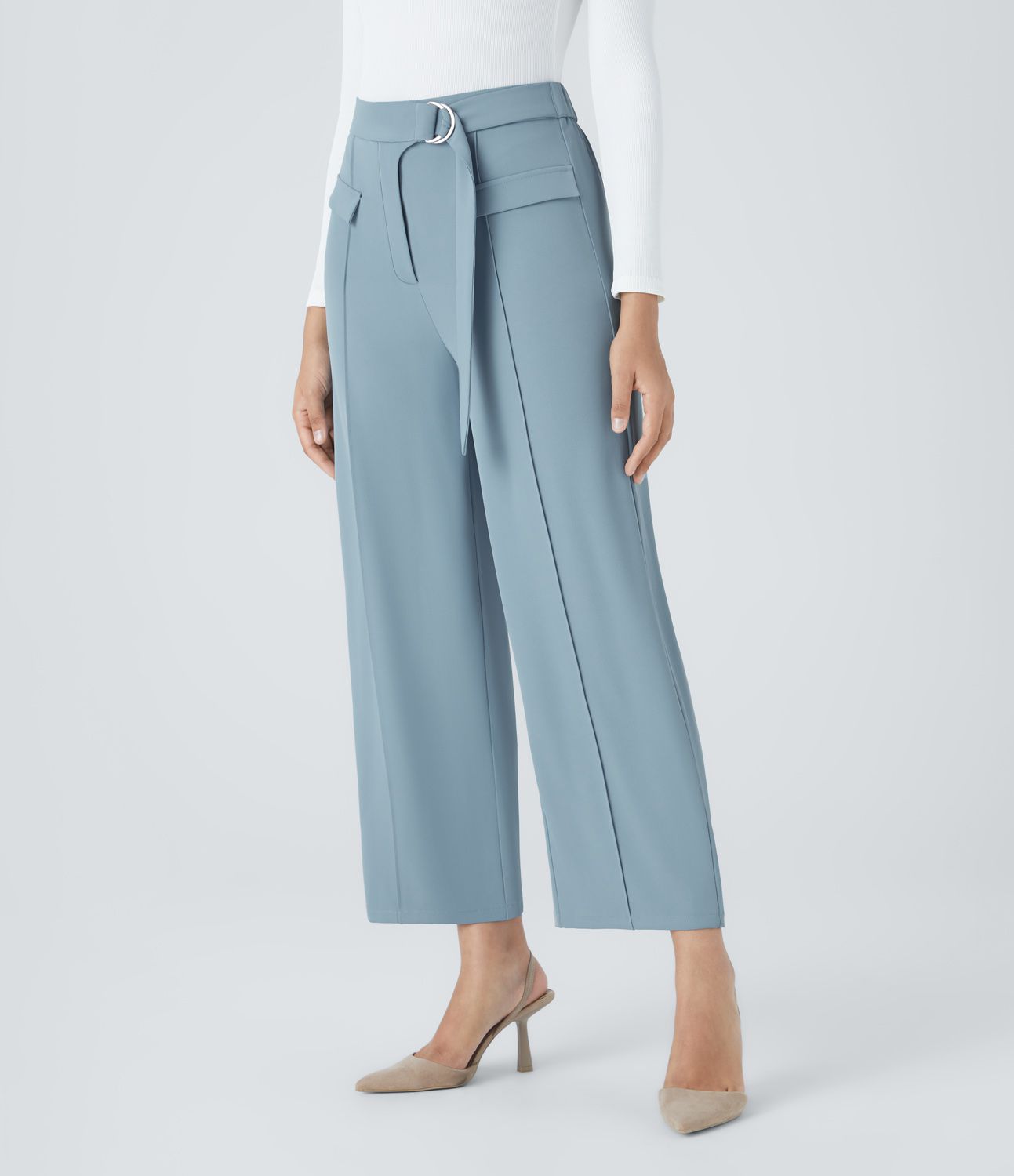 하이웨이스트 D링 버클 벨트 페이크 포켓 워크룩 일자 바지