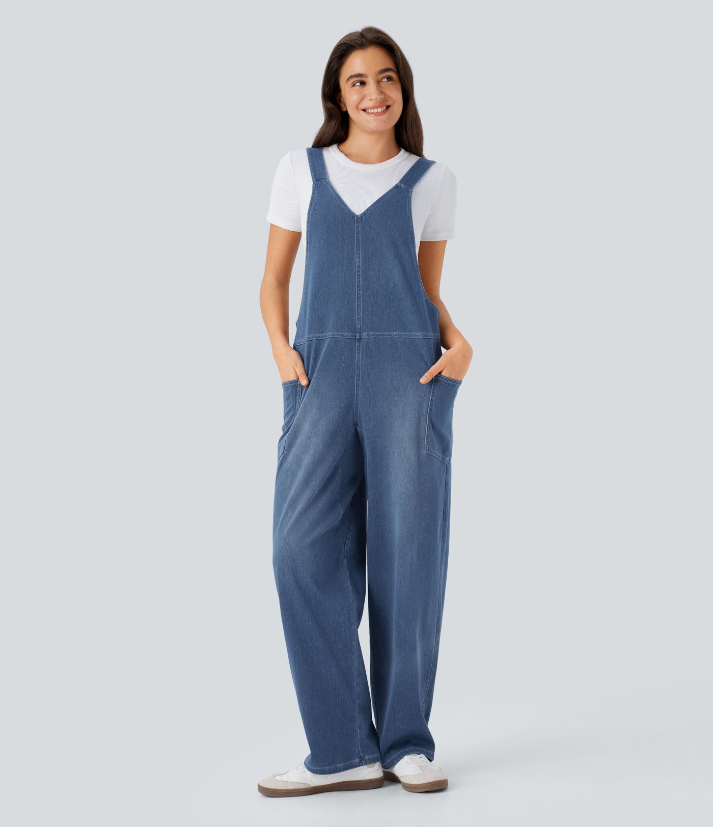 Halara Flex™ V Neck Pocket Washed Denim Casual Overalls