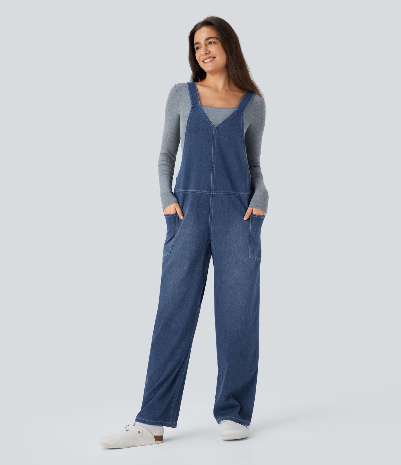 Halara Flex™ V Neck Pocket Washed Denim Casual Overalls