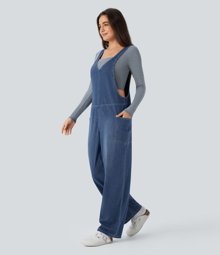 Halara Flex™ V Neck Pocket Washed Denim Casual Overalls