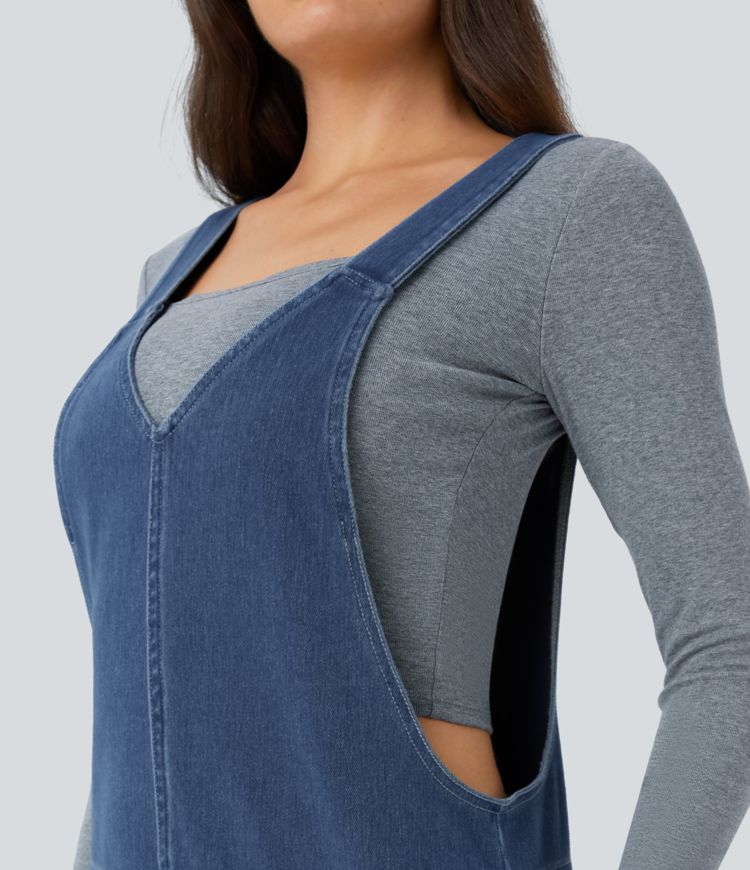 Halara Flex™ V Neck Pocket Washed Denim Casual Overalls