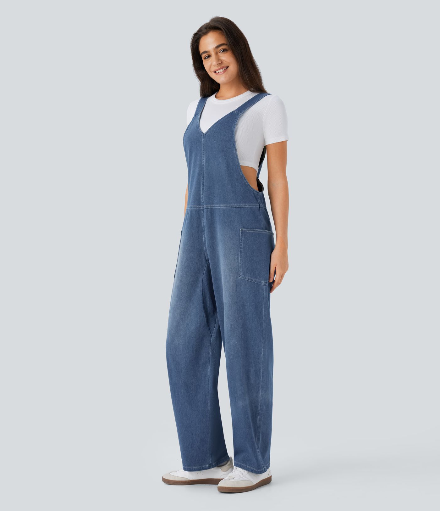 Halara Flex™ V Neck Pocket Washed Denim Casual Overalls