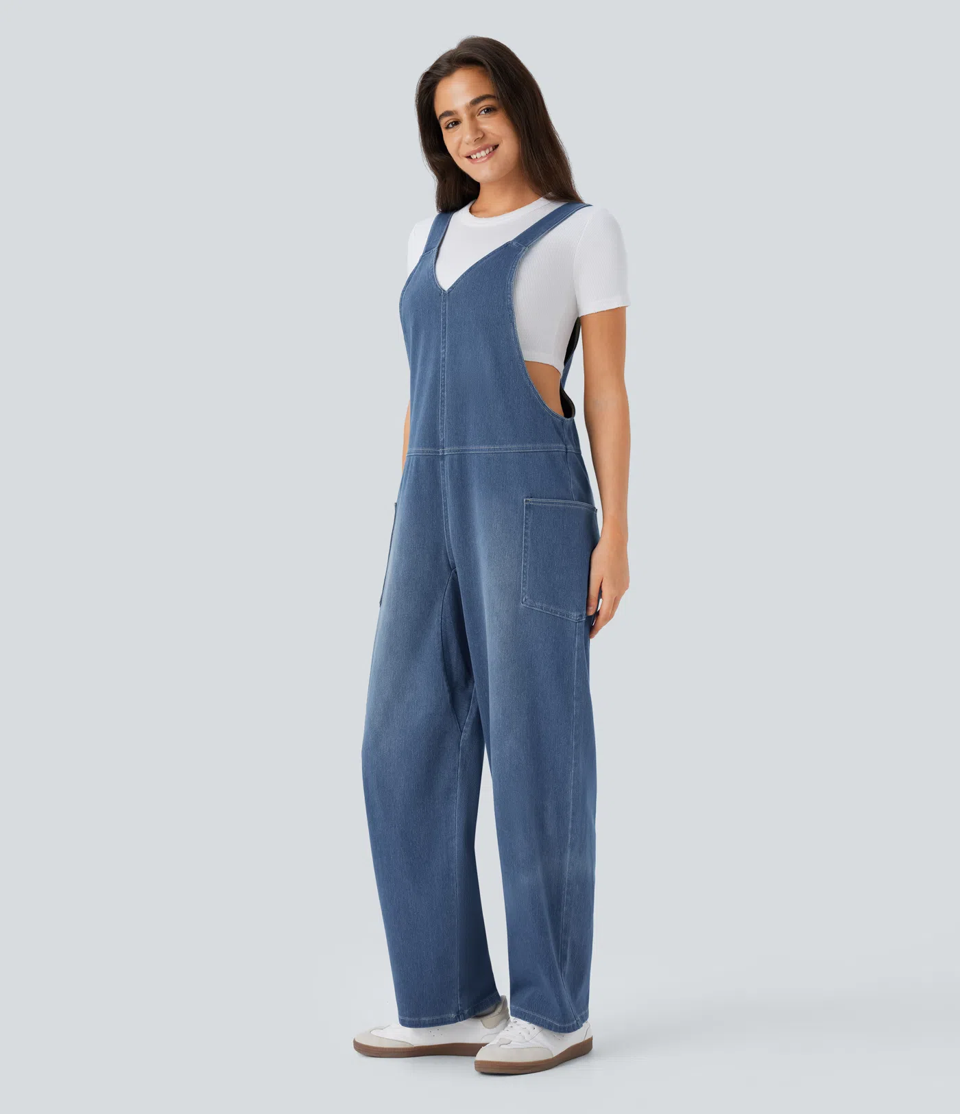 HalaraMagic™ V Neck Side Pocket Washed Stretchy Knit Denim Casual Overalls