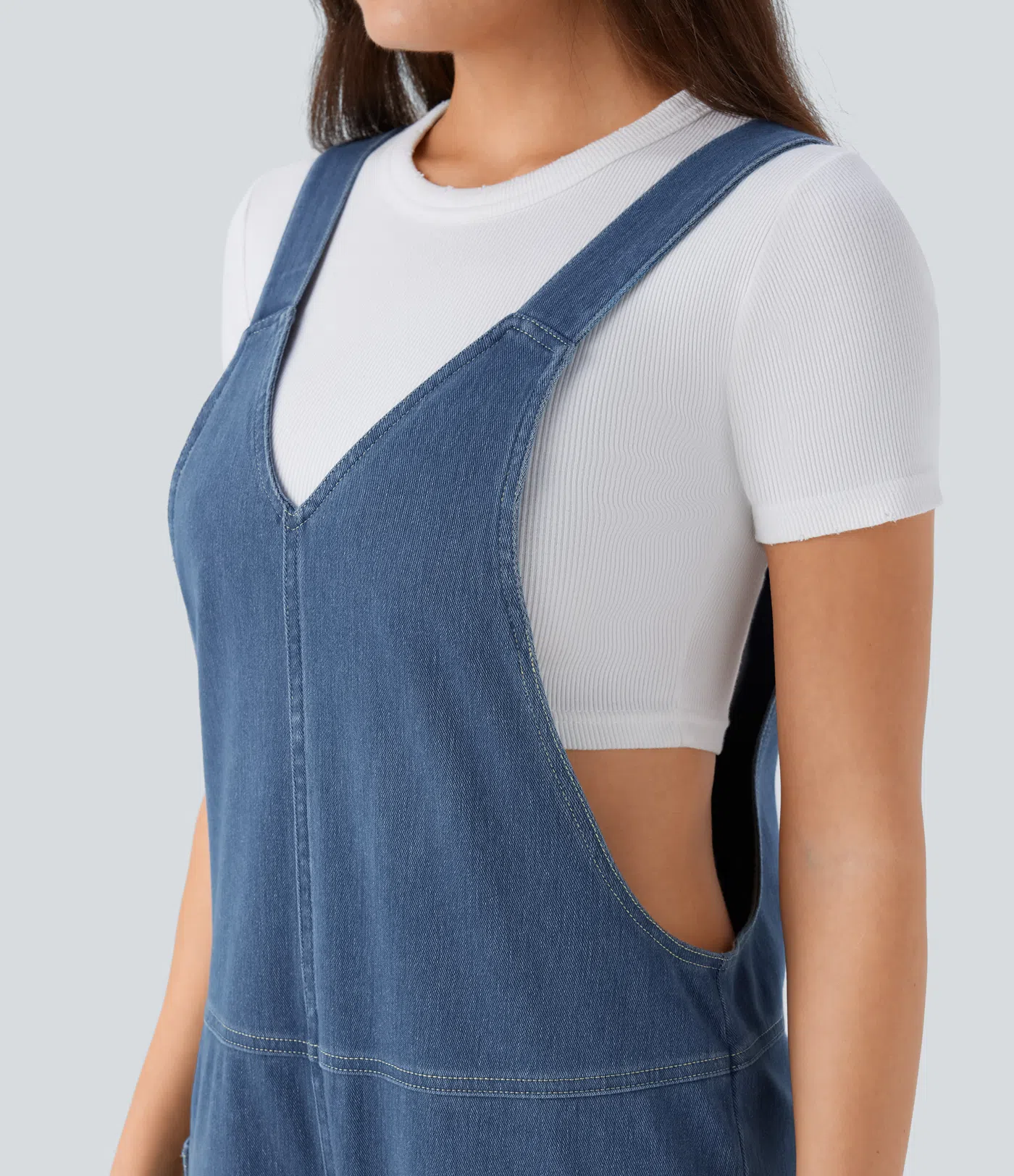 HalaraMagic™ V Neck Side Pocket Washed Stretchy Knit Denim Casual Overalls