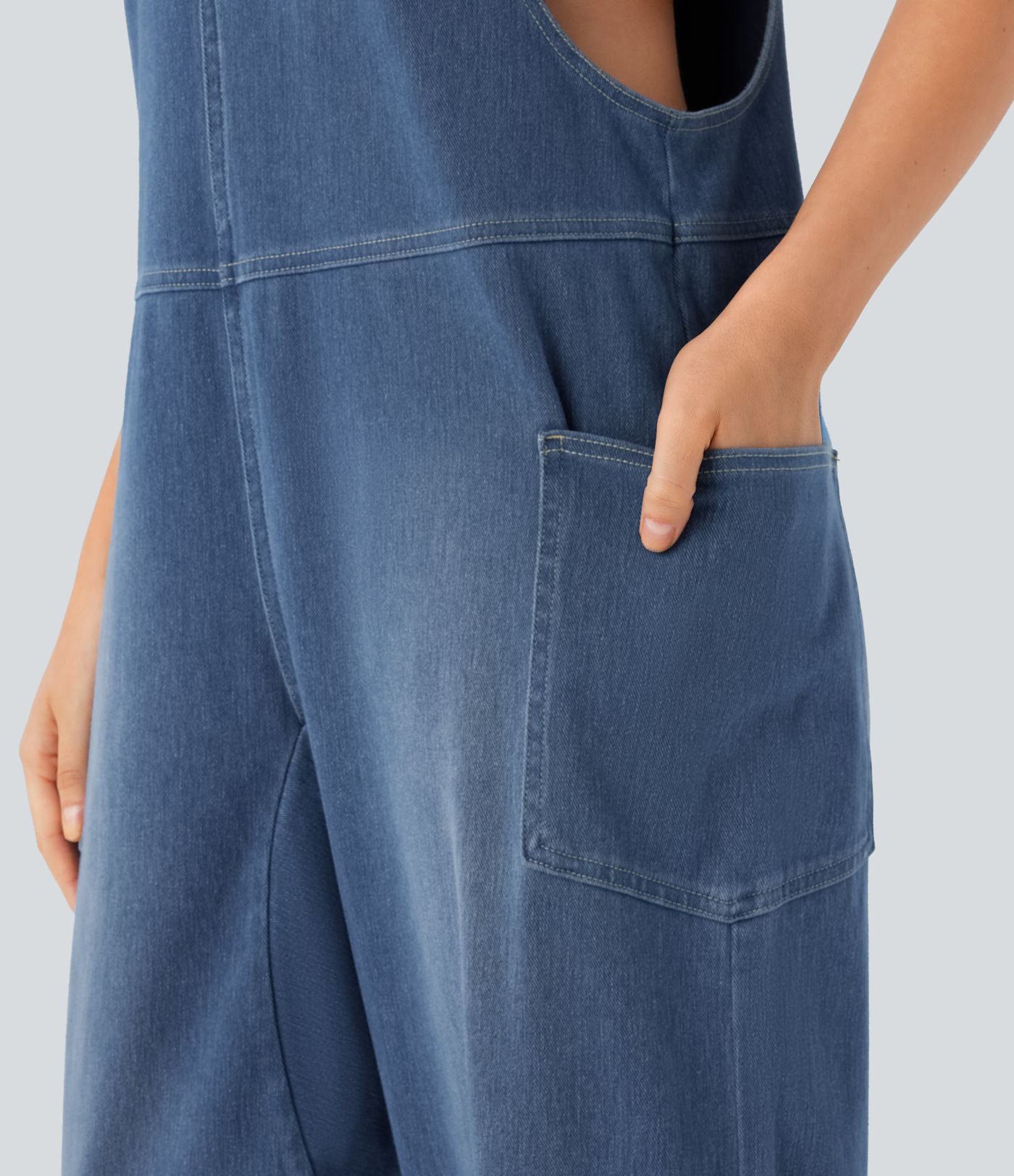 Halara Flex™ V Neck Pocket Washed Denim Casual Overalls