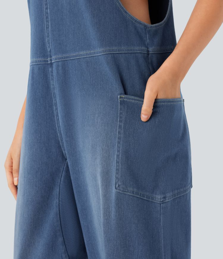 Halara Flex™ V Neck Pocket Washed Denim Casual Overalls